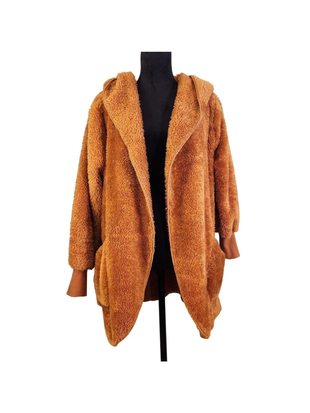 ZENANA Hooded Faux Fur Jacket with Pockets, Almond Brown, Size Medium